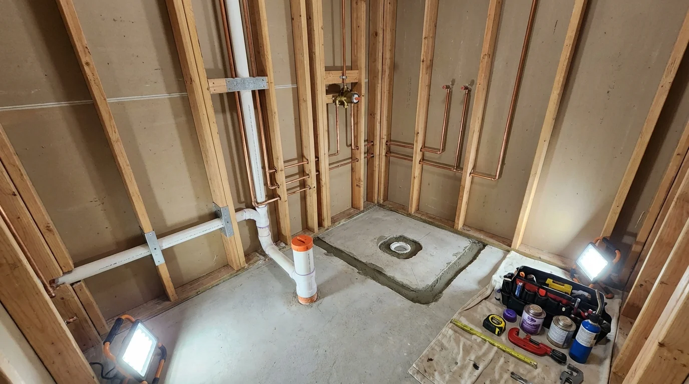 Bathroom rough-in plumbing during remodel by Johns Plumbing LLC in Sevierville
