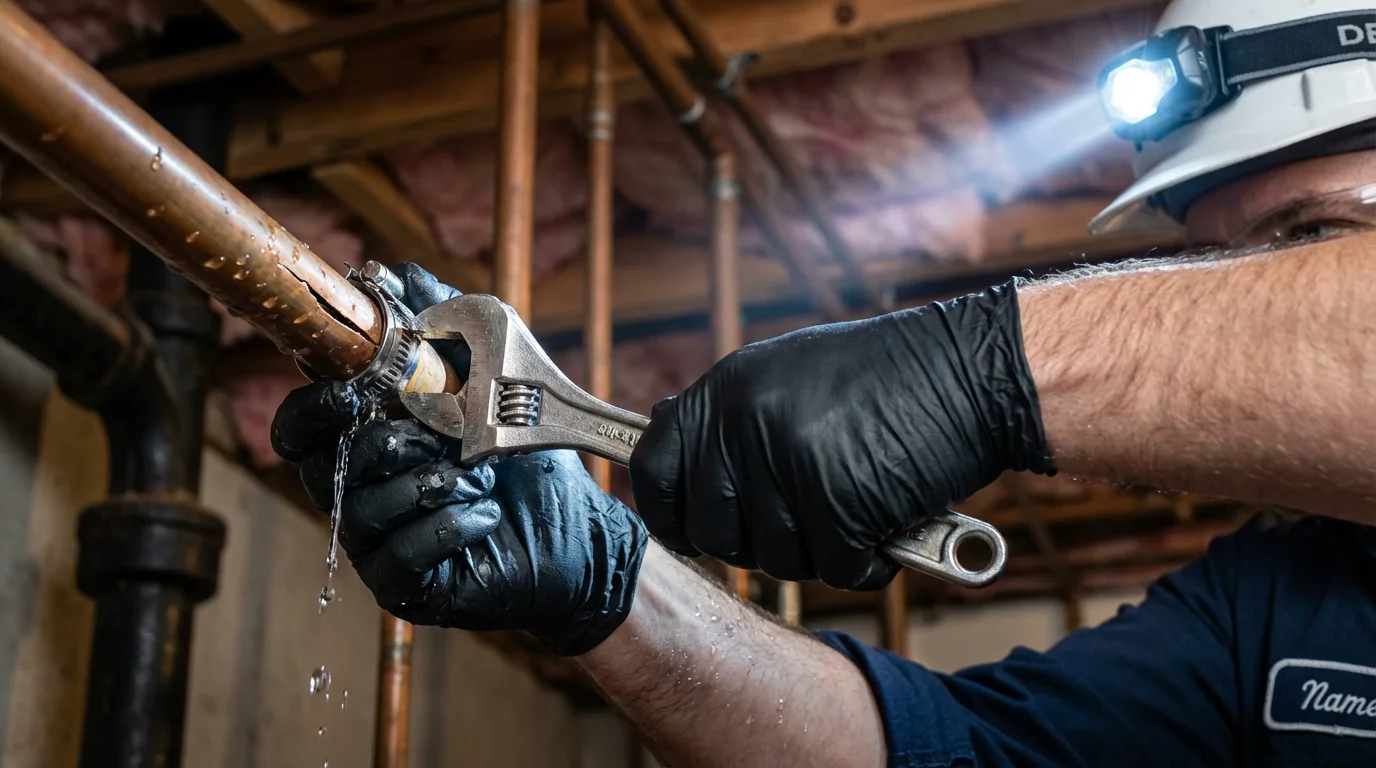 Emergency pipe clamp repair being performed by a Johns Plumbing LLC plumber in Sevierville