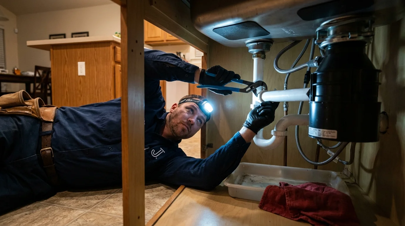 P-trap and supply line connections under a kitchen sink showing a common leak point in Sevierville, TN